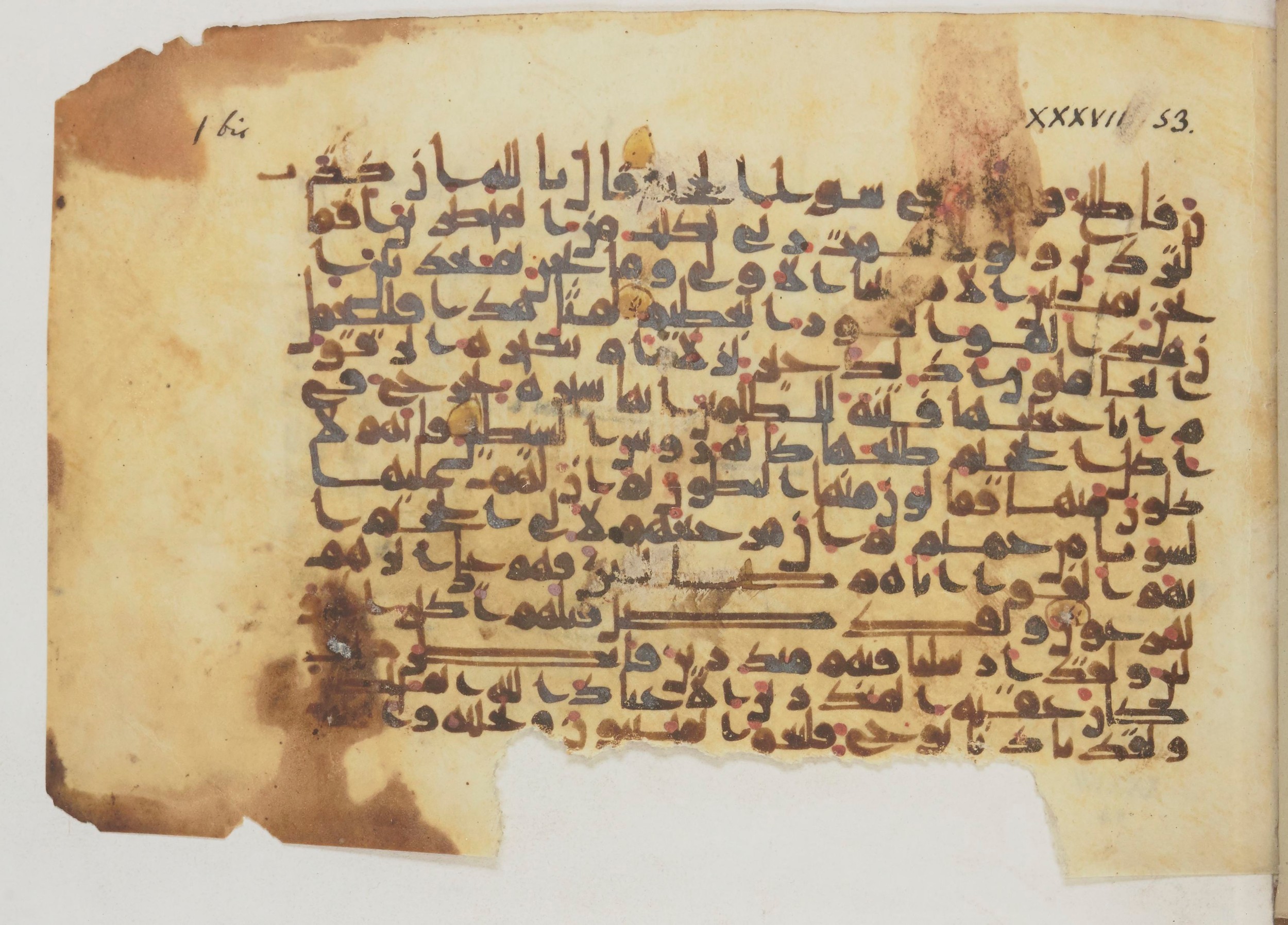 Paris, Bibliothèque nationale de France, Arabe 369 (a), in Kūfī (type D) script, showing Surah 37:71 from Mid 8th to Late 9th Century AD found in Fustat (Old Cairo), Egypt, currently housed at Bibliothèque nationale de France, Paris